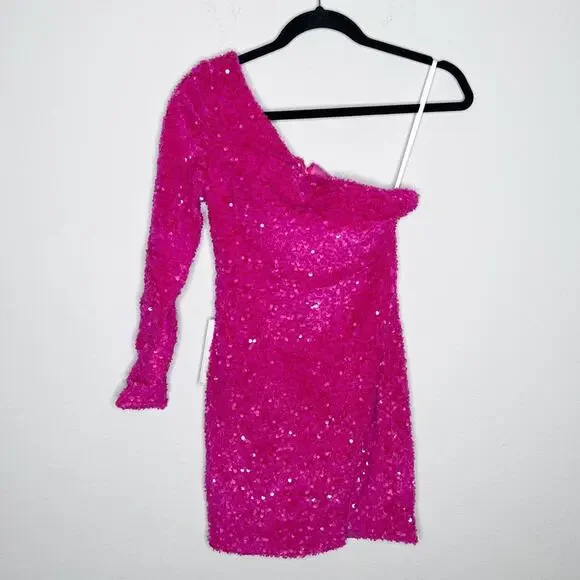 Berlinnova Sexy Glitter One-Shoulder Sequin Minidress Pink Size 4 - Picture 3 of 9